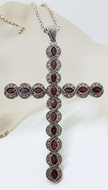 Sterling Silver Marcasite and Garnet Very Large Cross / Crucifix Pendant on Long Silver Chain / Necklace