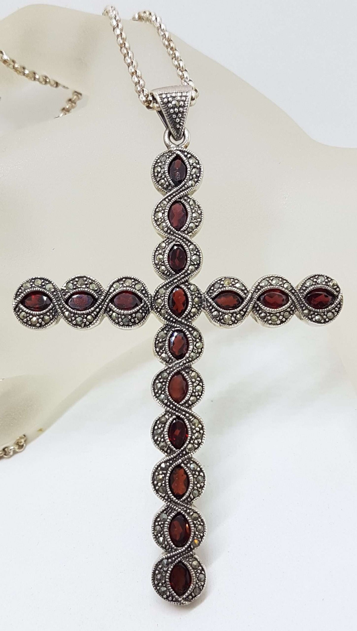 Sterling Silver Marcasite and Garnet Very Large Cross / Crucifix Pendant on Long Silver Chain / Necklace