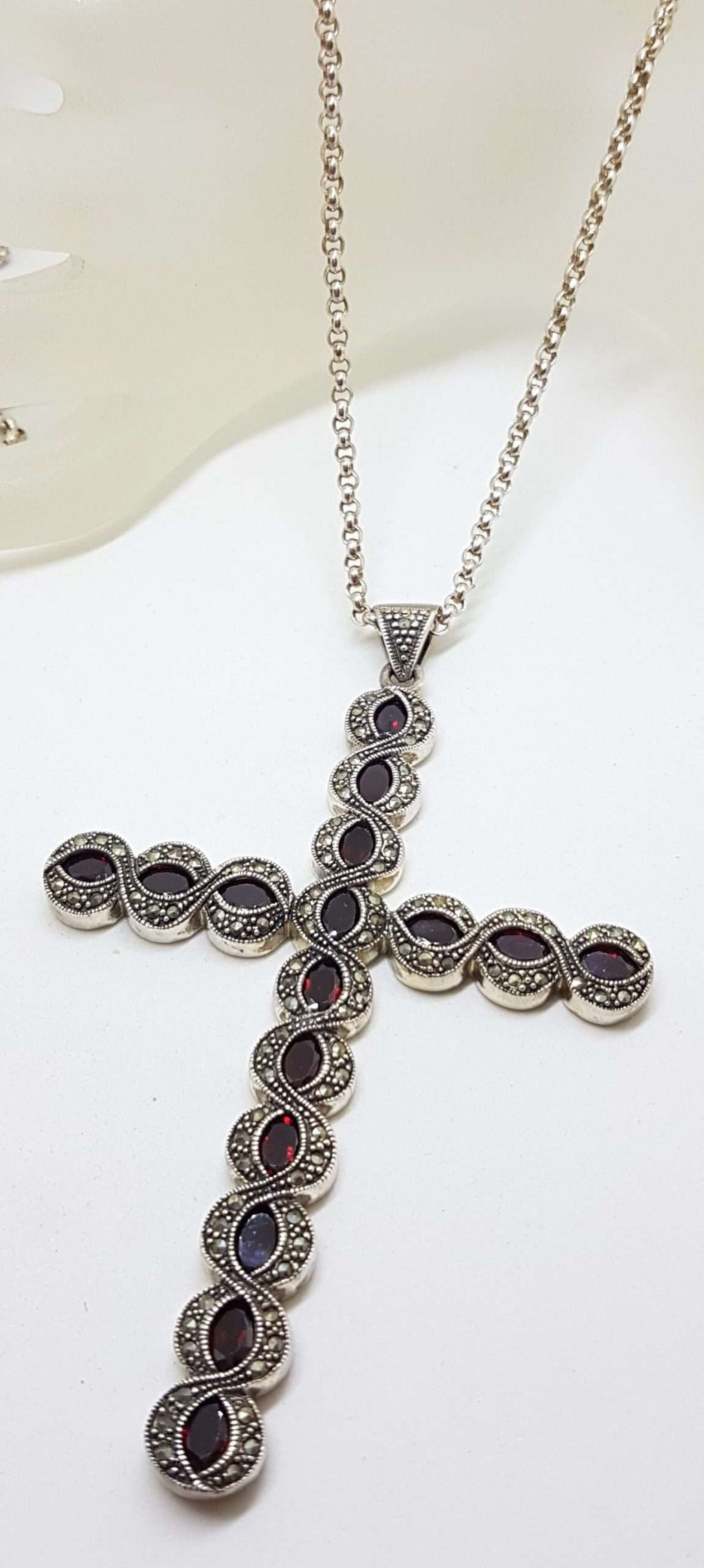 Sterling Silver Marcasite and Garnet Very Large Cross / Crucifix Pendant on Long Silver Chain / Necklace