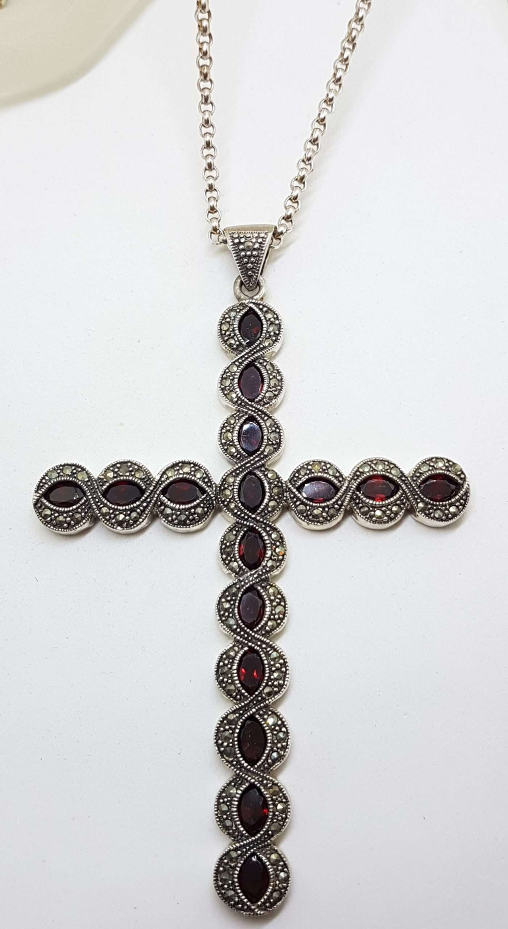 Sterling Silver Marcasite and Garnet Very Large Cross / Crucifix Pendant on Long Silver Chain / Necklace