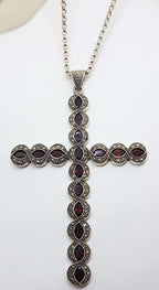 Sterling Silver Marcasite and Garnet Very Large Cross / Crucifix Pendant on Long Silver Chain / Necklace