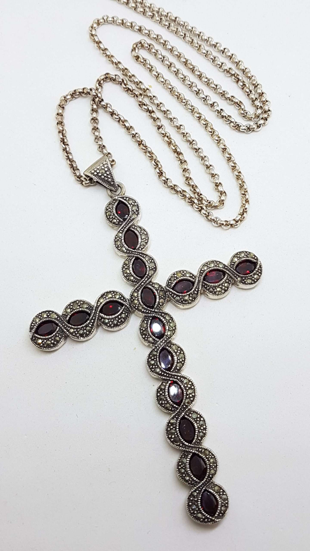 Sterling Silver Marcasite and Garnet Very Large Cross / Crucifix Pendant on Long Silver Chain / Necklace