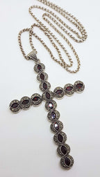 Sterling Silver Marcasite and Garnet Very Large Cross / Crucifix Pendant on Long Silver Chain / Necklace
