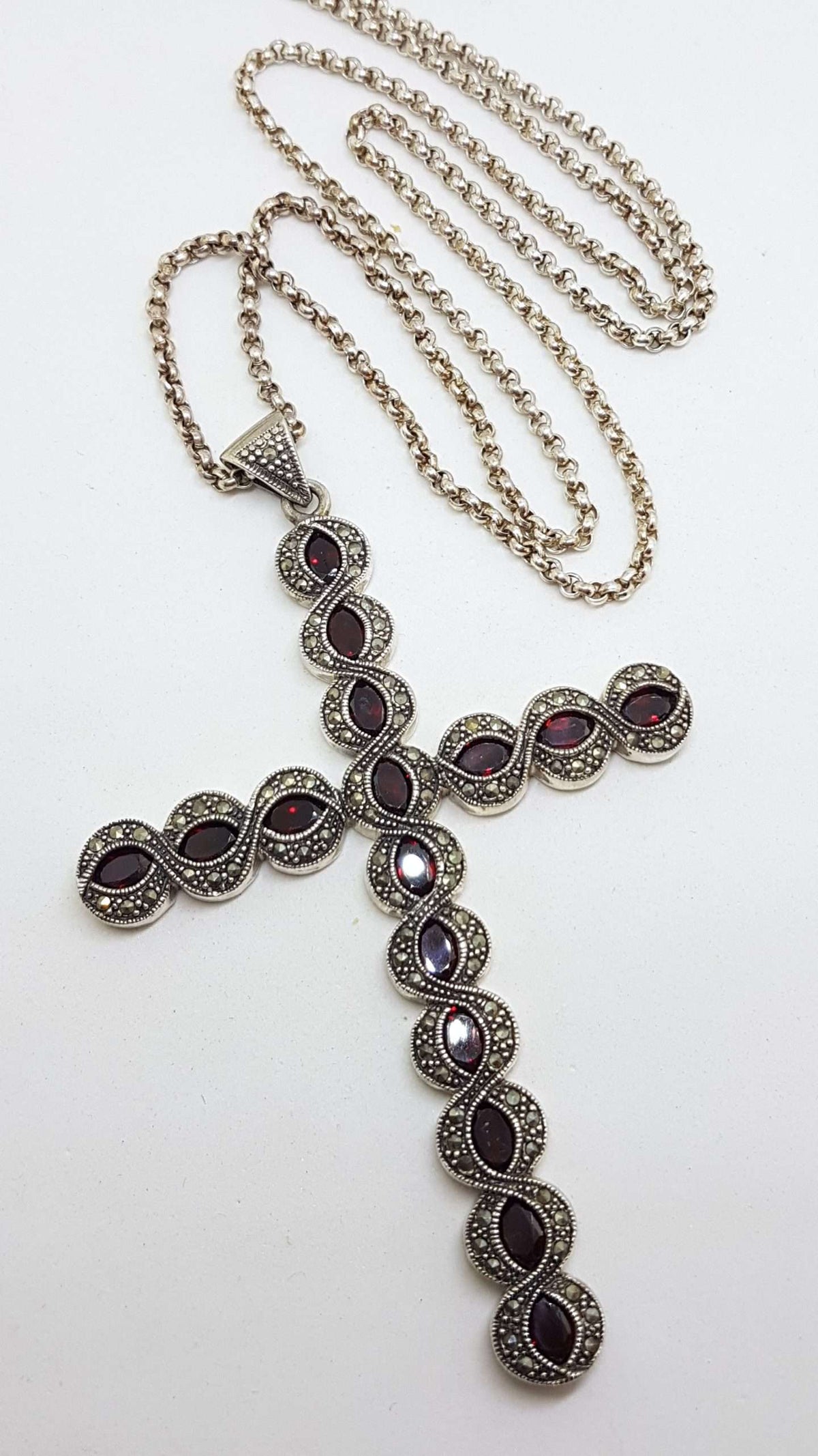 Sterling Silver Marcasite and Garnet Very Large Cross / Crucifix Pendant on Long Silver Chain / Necklace