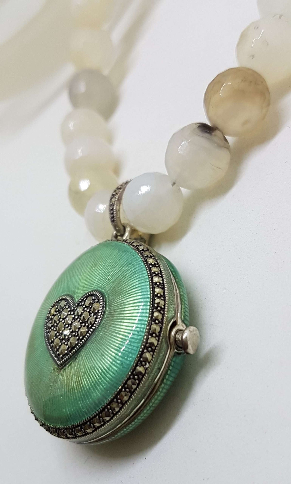 Sterling Silver Marcasite Heart with Blue / Green Enamel Large Round Locket / Compact Enhancer Pendant on Natural Bead Chain / Necklace