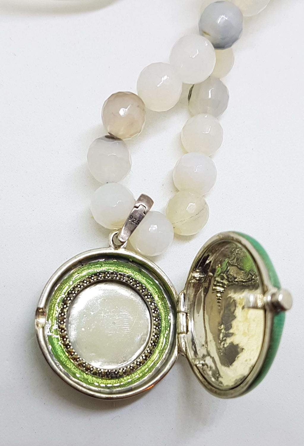 Sterling Silver Marcasite Heart with Blue / Green Enamel Large Round Locket / Compact Enhancer Pendant on Natural Bead Chain / Necklace