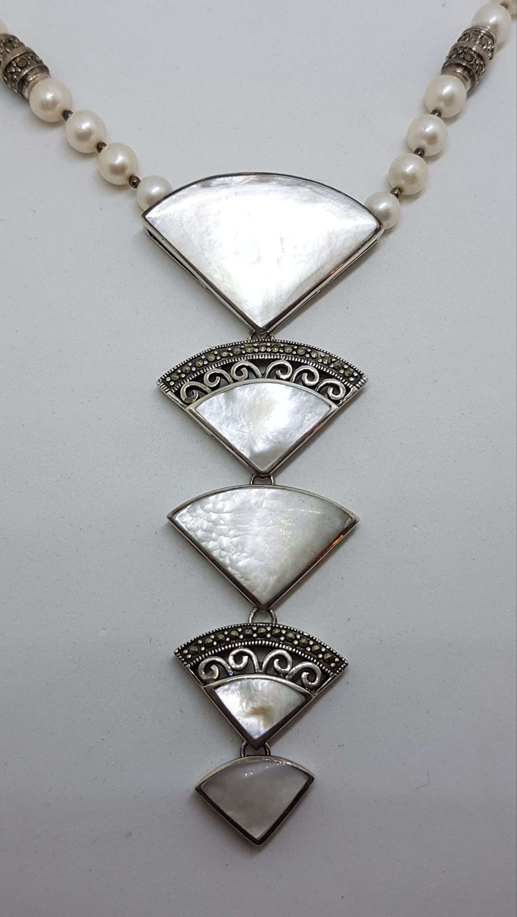Sterling Silver Large &amp; Long Marcasite with Mother of Pearl Fan Drop Pendant on Pearl Chain / Necklace