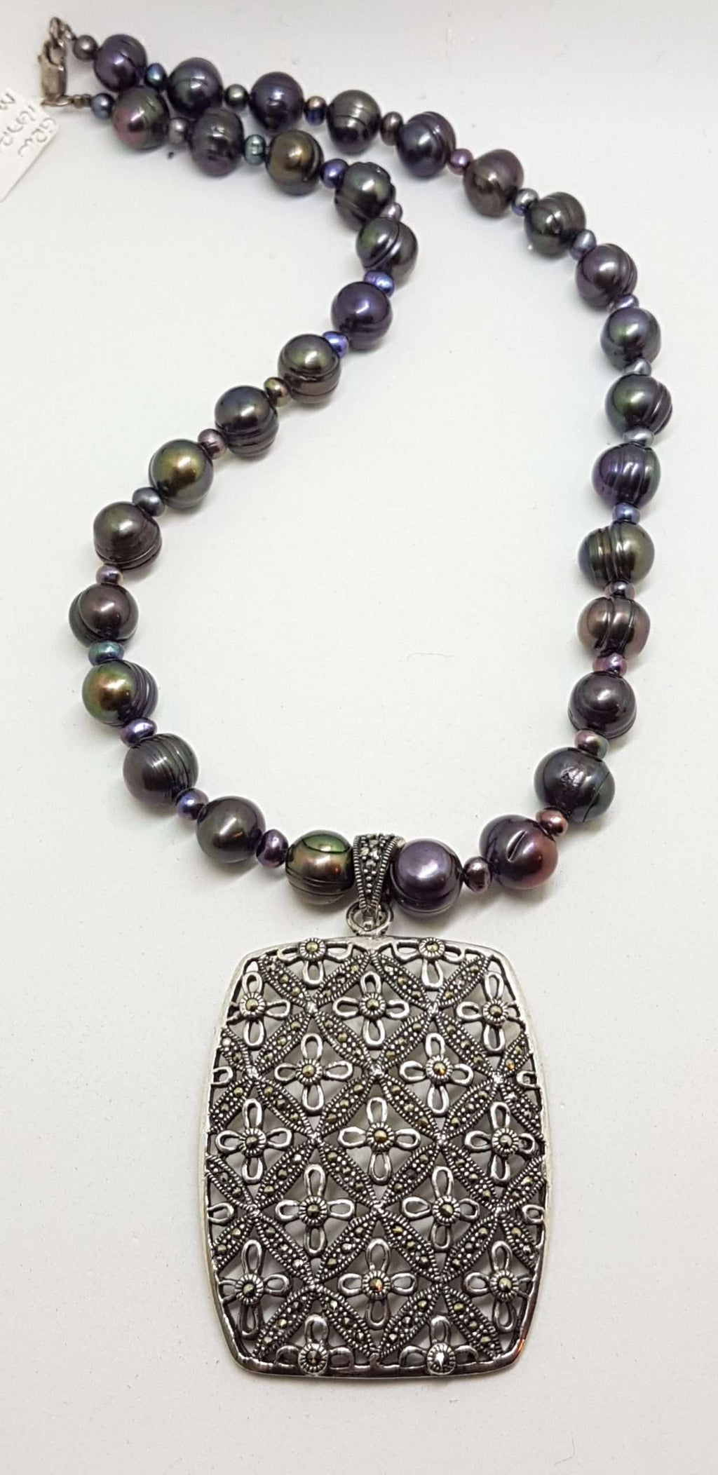 Sterling Silver Large Ornate Filigree Rectangular Marcasite Enhancer Pendant on Black Pearl Chain / Necklace