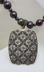 Sterling Silver Large Ornate Filigree Rectangular Marcasite Enhancer Pendant on Black Pearl Chain / Necklace