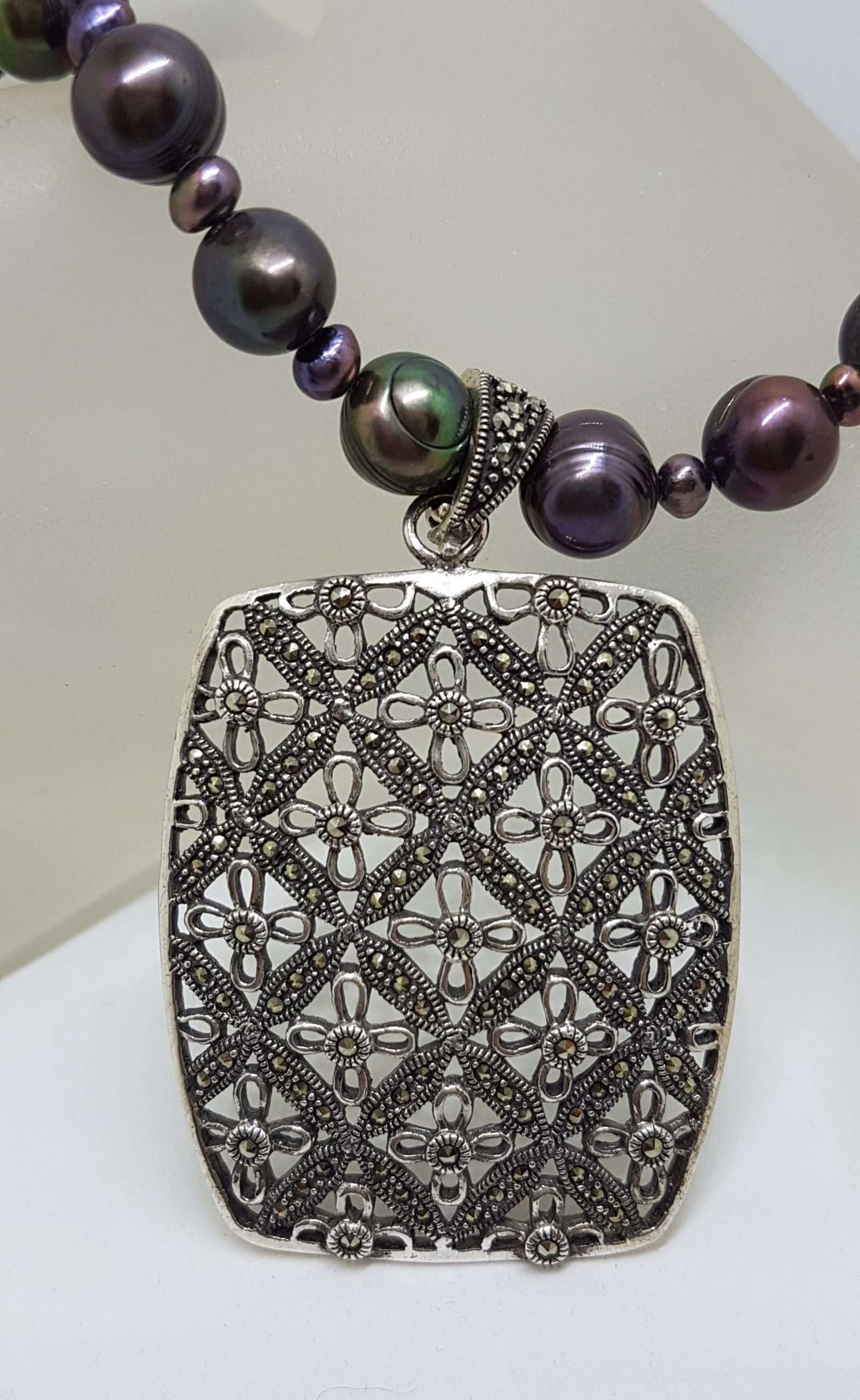 Sterling Silver Large Ornate Filigree Rectangular Marcasite Enhancer Pendant on Black Pearl Chain / Necklace
