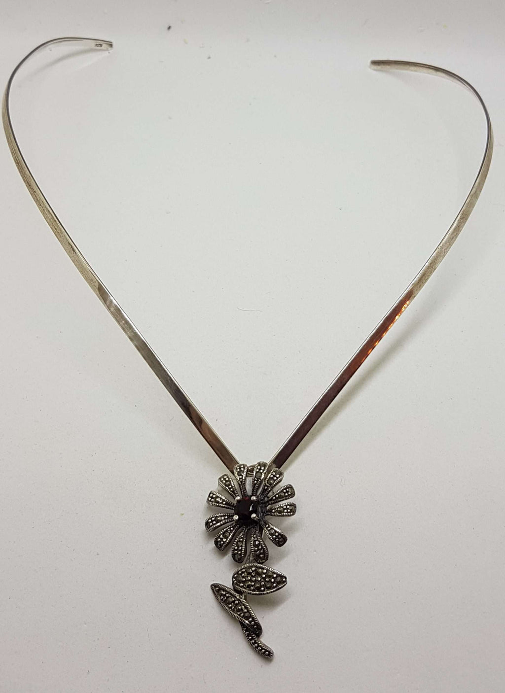 Sterling Silver Marcasite and Garnet Flower Pendant on Silver Choker Chain / Necklace