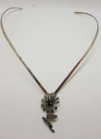 Sterling Silver Marcasite and Garnet Flower Pendant on Silver Choker Chain / Necklace