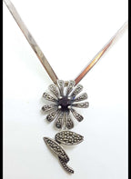 Sterling Silver Marcasite and Garnet Flower Pendant on Silver Choker Chain / Necklace