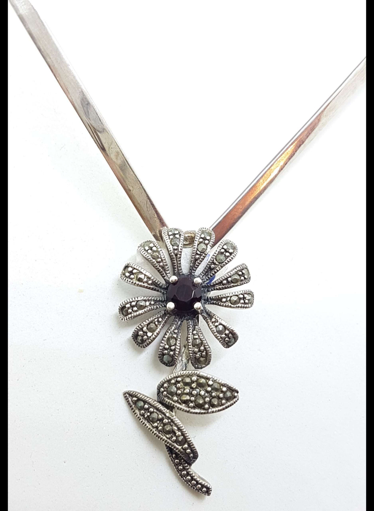 Sterling Silver Marcasite and Garnet Flower Pendant on Silver Choker Chain / Necklace