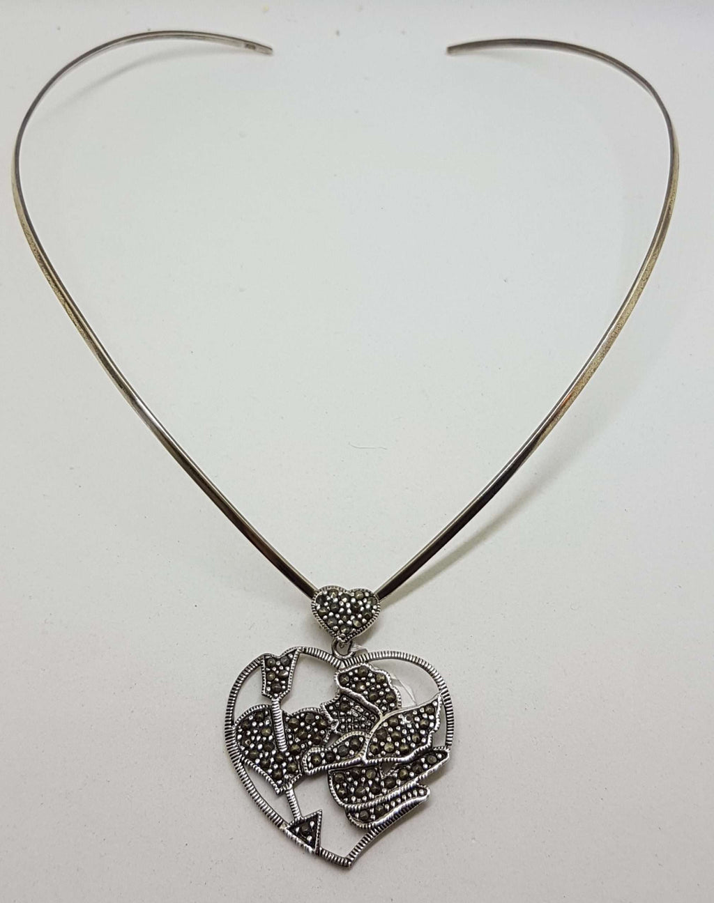 Sterling Silver Marcasite Large Heart with Cupid Pendant on Silver Choker Chain / Necklace