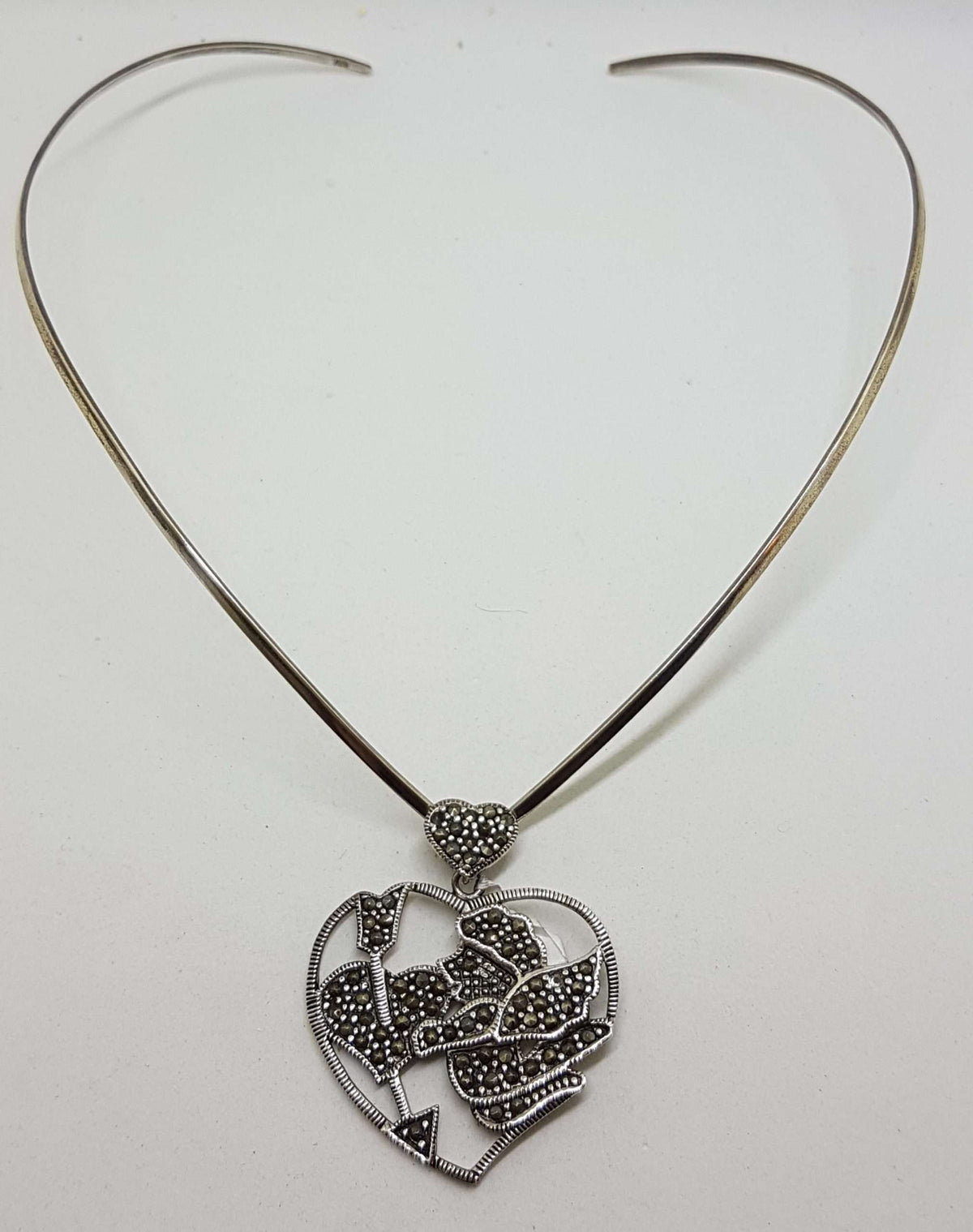 Sterling Silver Marcasite Large Heart with Cupid Pendant on Silver Choker Chain / Necklace