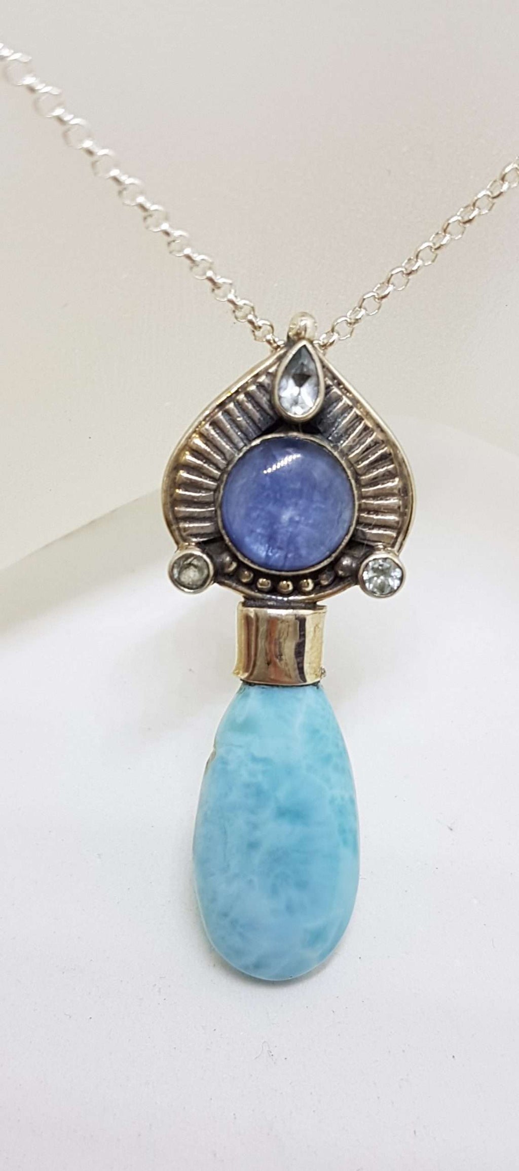 Sterling Silver Larimar, Kyanite and Topaz Pendant on Sterling Silver Chain