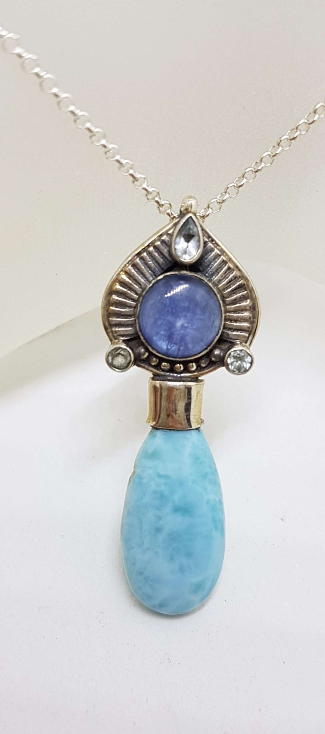 Sterling Silver Larimar, Kyanite and Topaz Pendant on Sterling Silver Chain