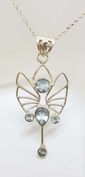 Sterling Silver Long Ornate Filigree Open Design Topaz Art Deco Style Pendant on Silver Chain