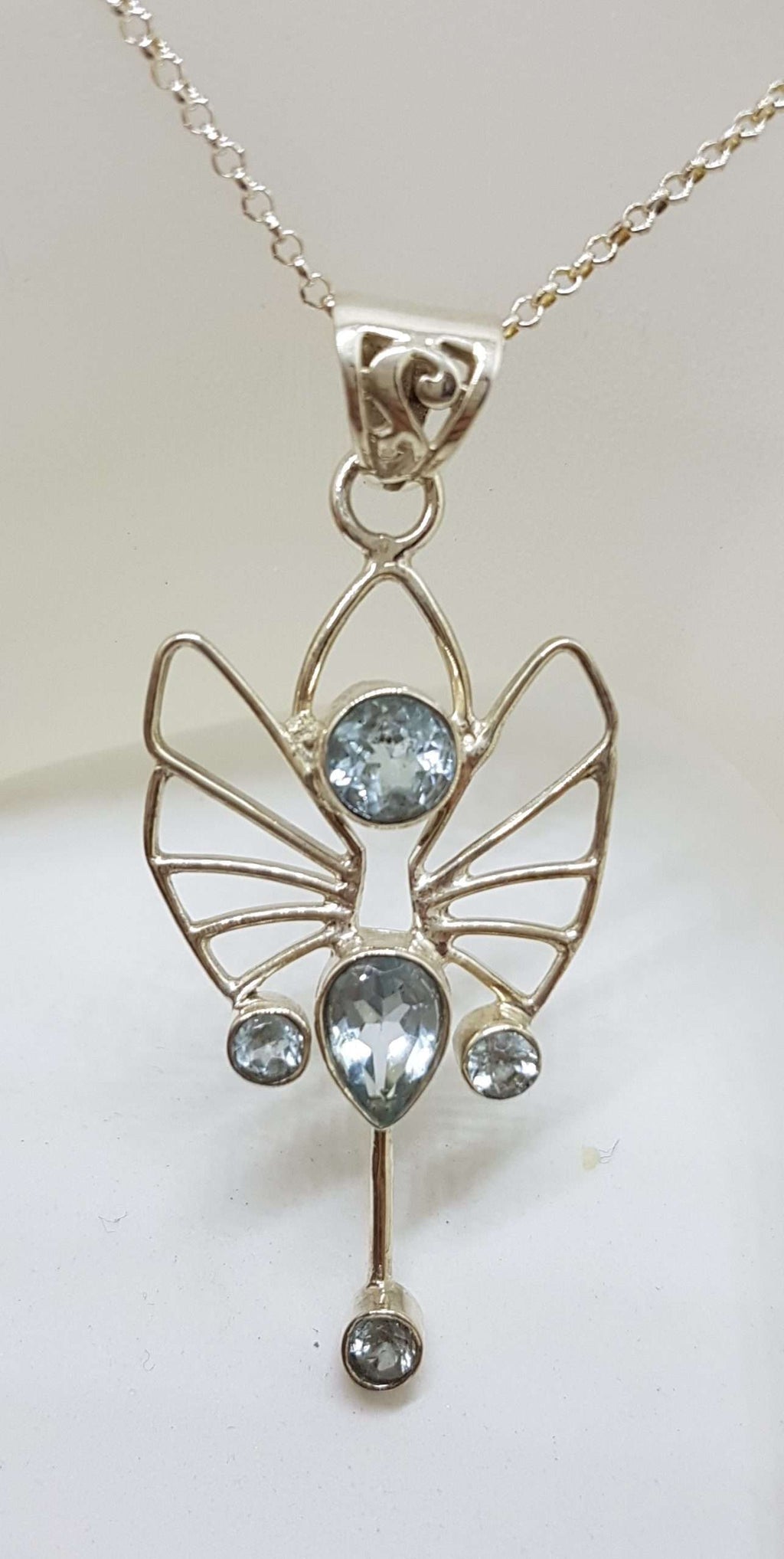 Sterling Silver Long Ornate Filigree Open Design Topaz Art Deco Style Pendant on Silver Chain