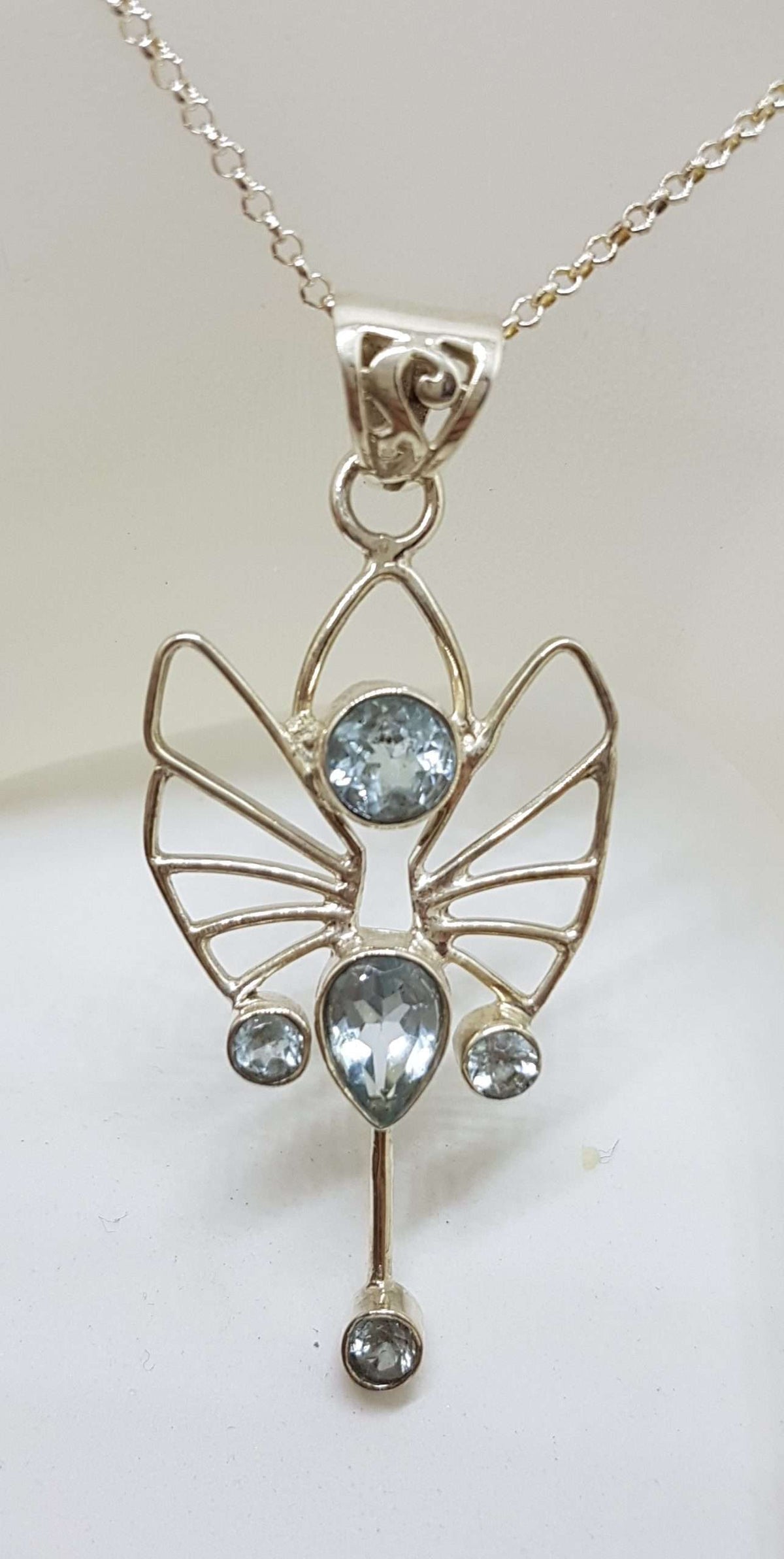 Sterling Silver Long Ornate Filigree Open Design Topaz Art Deco Style Pendant on Silver Chain