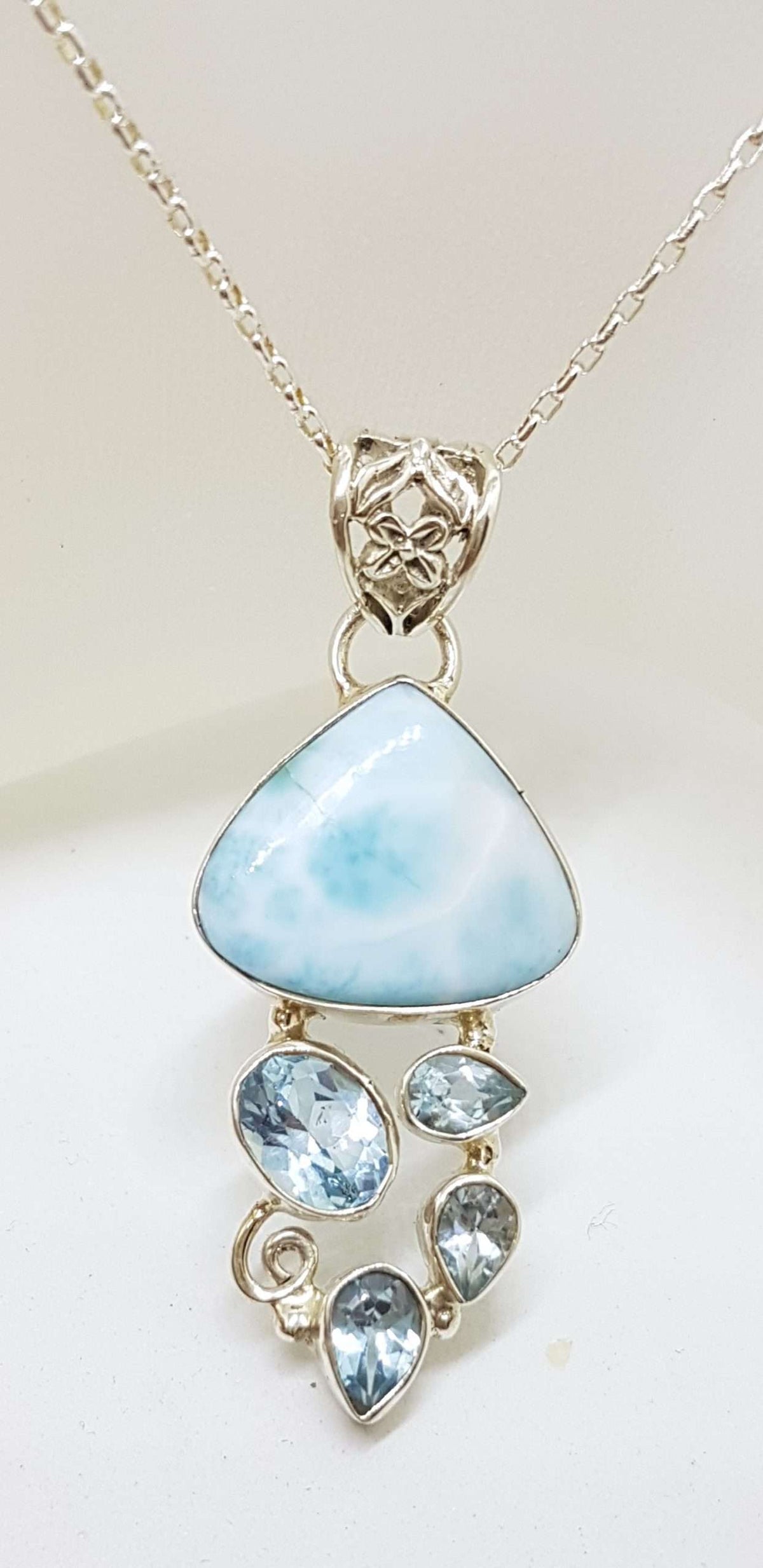 Sterling Silver Larimar &amp; Blue Topaz Pendant on Silver Chain