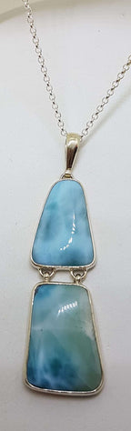 Sterling Silver Long Double Larimar Drop Pendant on Silver Chain