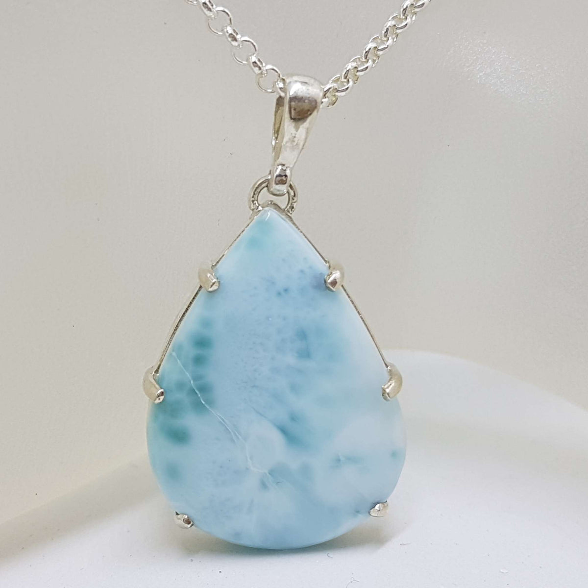 Sterling Silver Teardrop / Pear Shape Larimar Pendant on Silver Chain