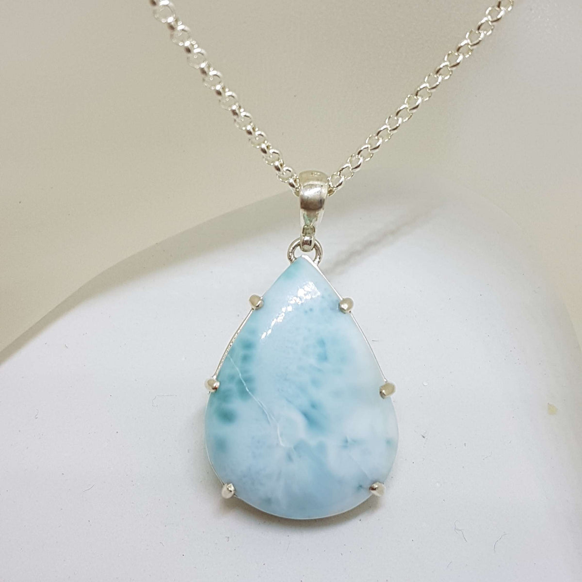 Sterling Silver Teardrop / Pear Shape Larimar Pendant on Silver Chain