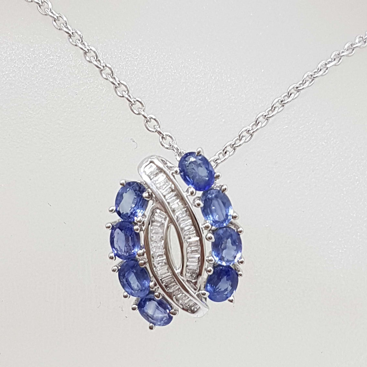 9ct White Gold Natural Sapphire and Diamond Cluster Pendant on 9ct Gold Chain