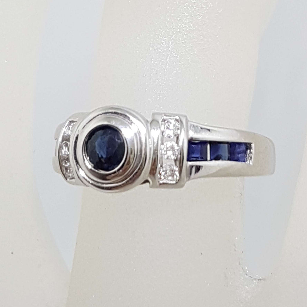 14ct White Gold Channel and Bezel Set Natural Sapphire &amp; Diamond Ring