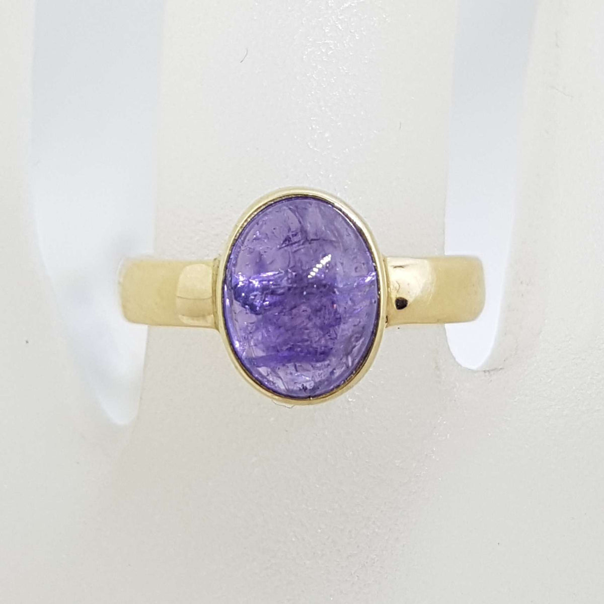 9ct Yellow Gold Oval Bezel Set Cabochon Cut Tanzanite Ring - Medium
