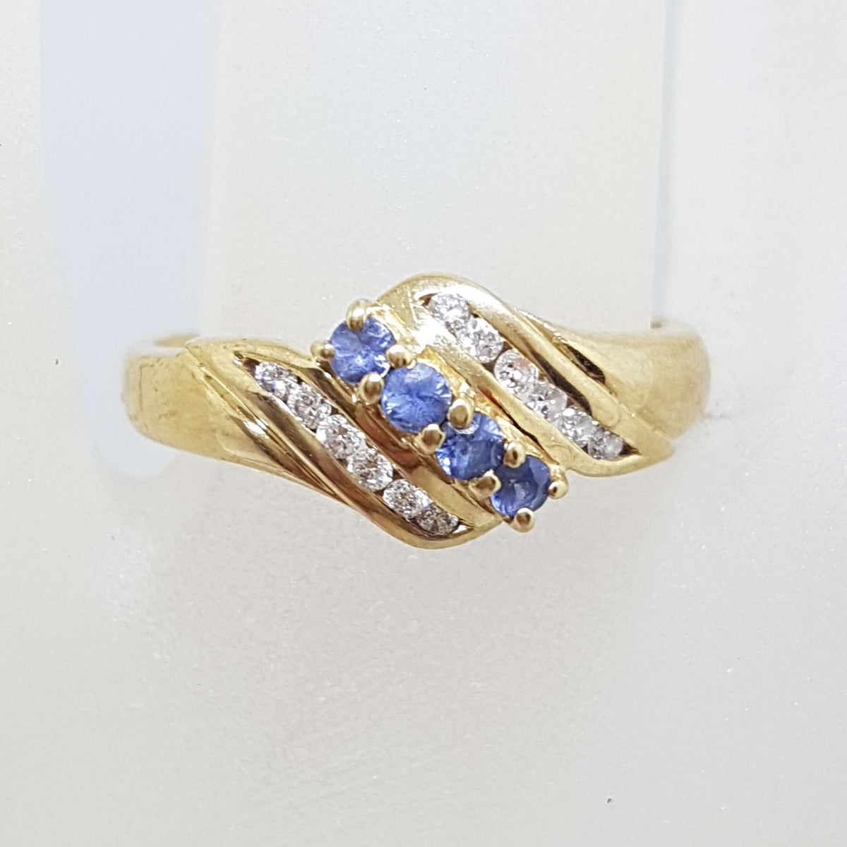 9ct Yellow Gold Natural Ceylon Sapphire &amp; Diamond Twist Ring