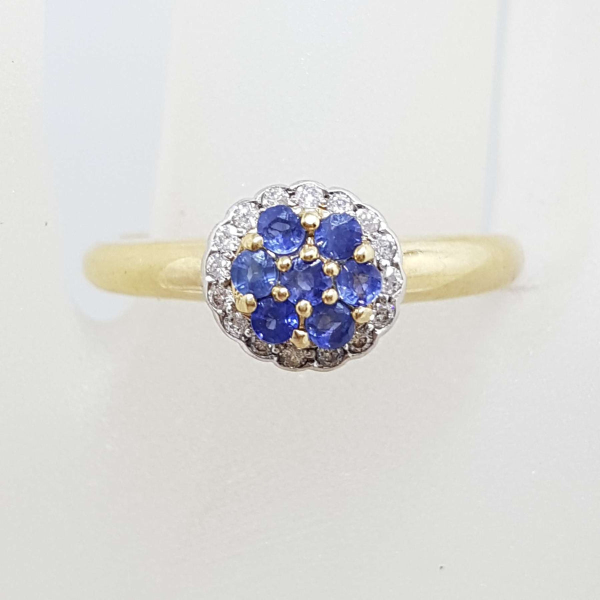9ct Yellow Gold 7 Sapphires surrounded by Diamonds Round Cluster Ring - Daisy / Cupcake