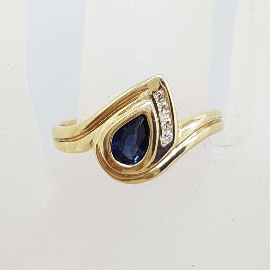 9ct Yellow Gold Natural Sapphire and Diamond Teardrop Shape Ring