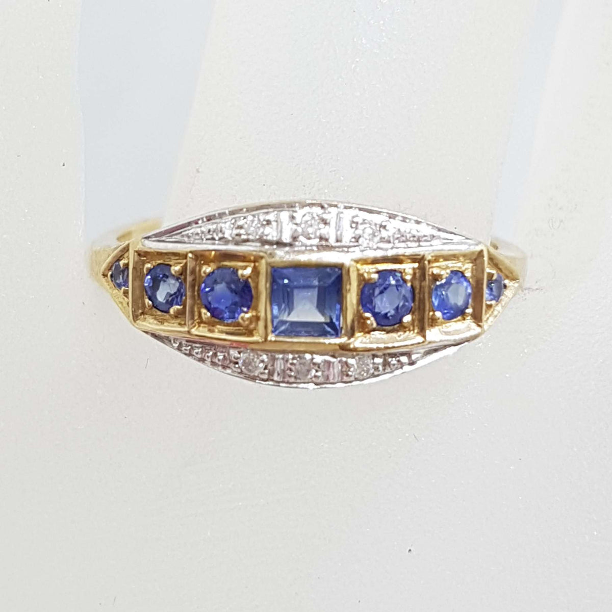 9ct Yellow Gold Ring Square and Round Natural Blue Sapphires &amp; Diamonds - Art Deco Style Bridge Setting