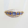 9ct Yellow Gold Ring Square and Round Natural Blue Sapphires &amp; Diamonds - Art Deco Style Bridge Setting