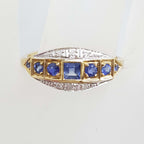 9ct Yellow Gold Ring Square and Round Natural Blue Sapphires &amp; Diamonds - Art Deco Style Bridge Setting