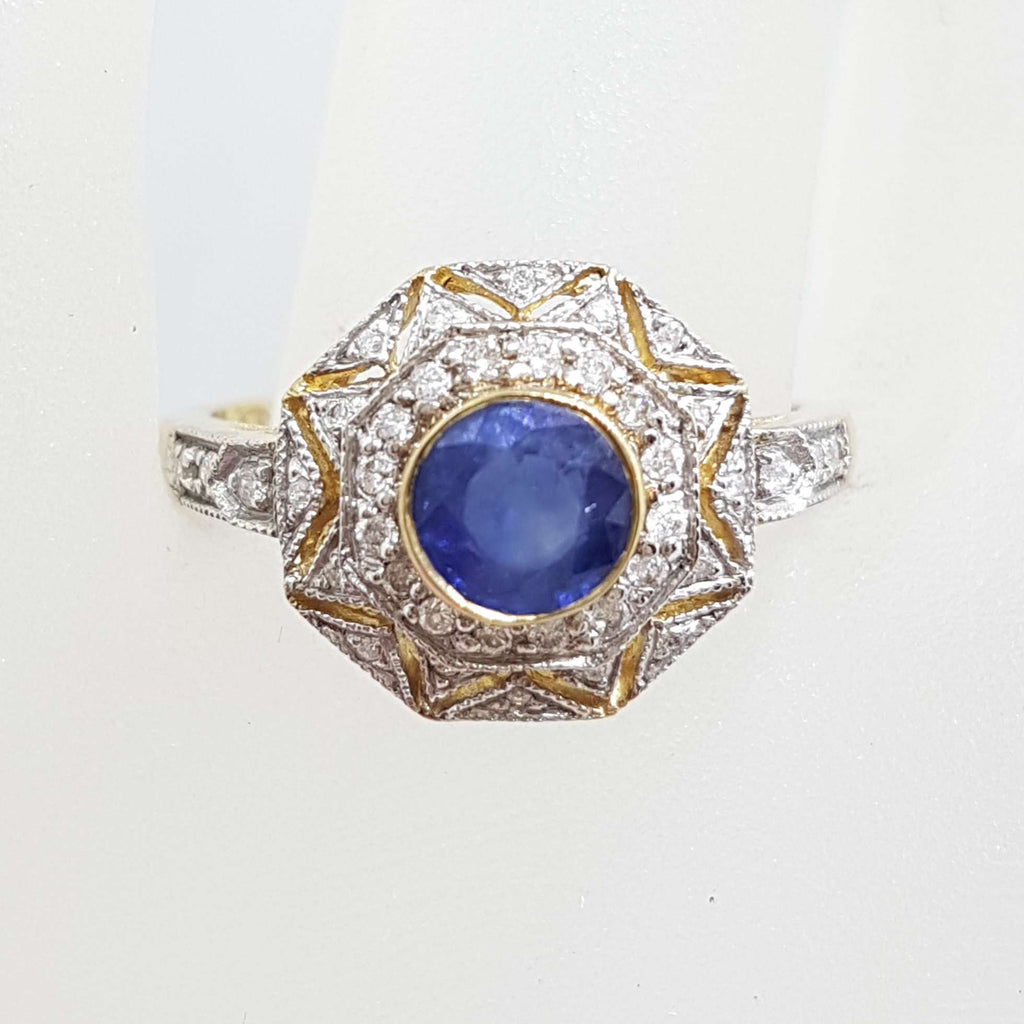 9ct Yellow Gold Natural Sapphire with Diamonds Large Octagonal Cluster Ring