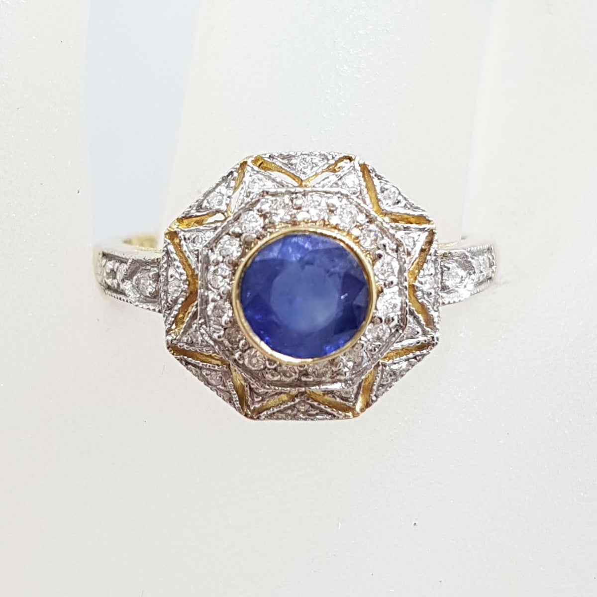 9ct Yellow Gold Natural Sapphire with Diamonds Large Octagonal Cluster Ring