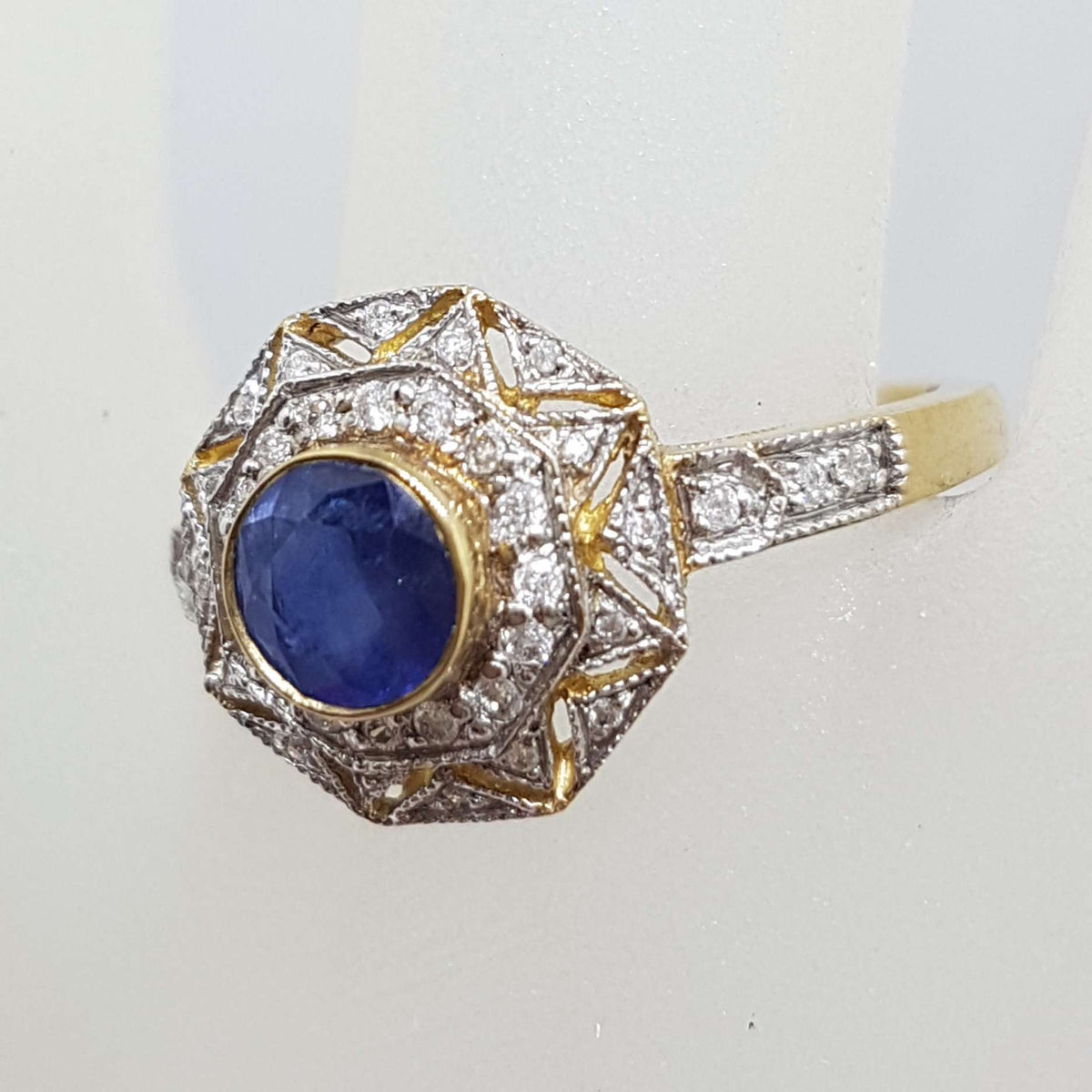 9ct Yellow Gold Natural Sapphire with Diamonds Large Octagonal Cluster Ring