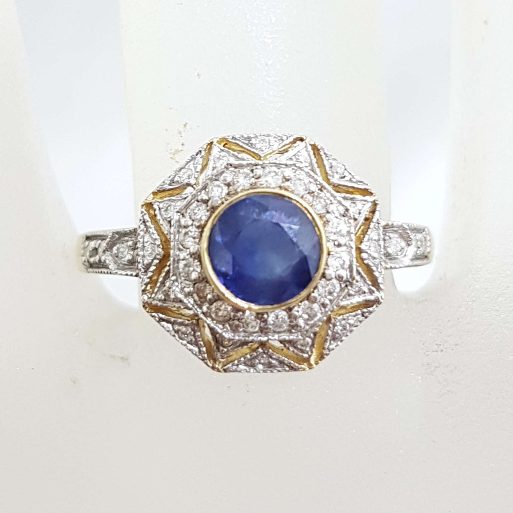 9ct Yellow Gold Natural Sapphire with Diamonds Large Octagonal Cluster Ring