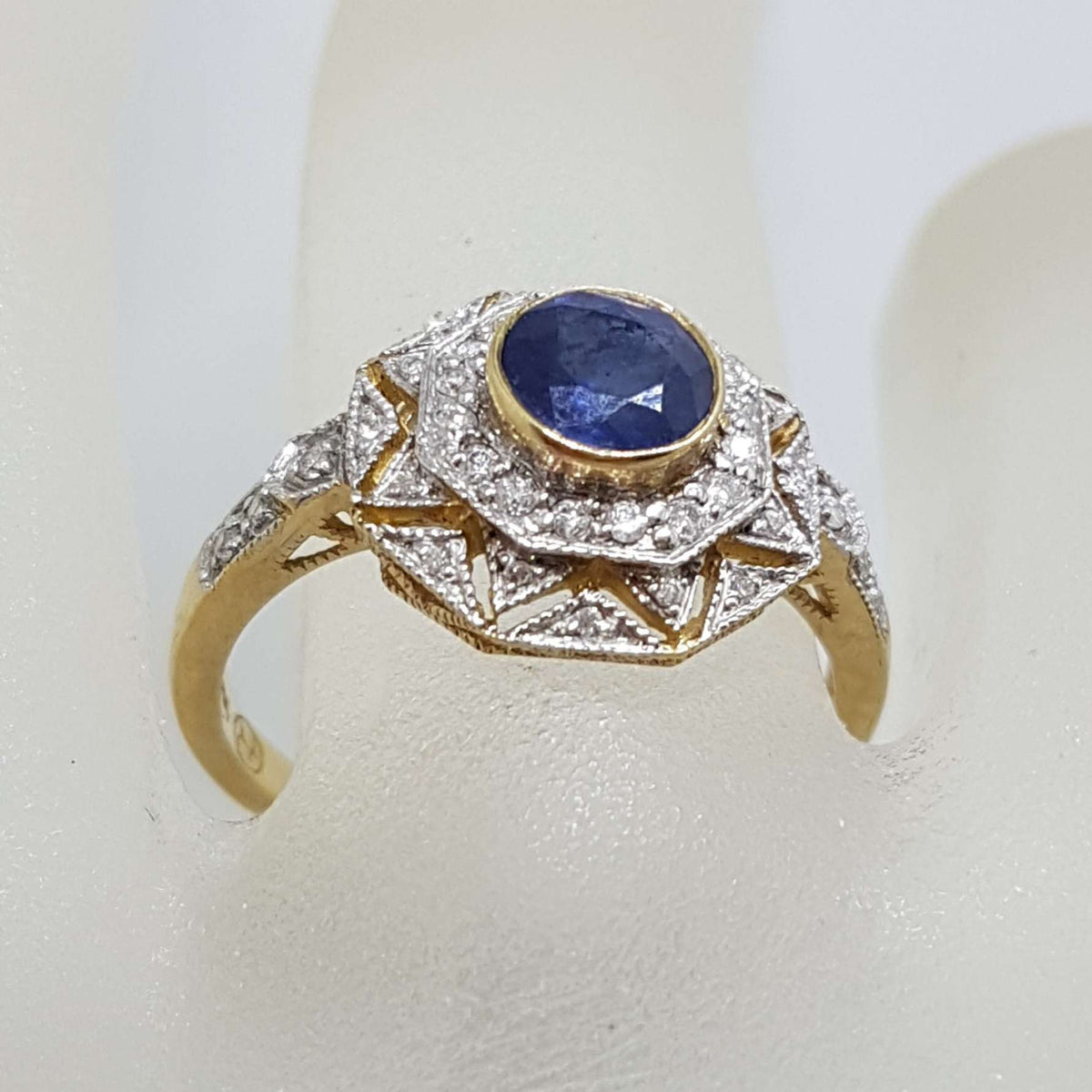 9ct Yellow Gold Natural Sapphire with Diamonds Large Octagonal Cluster Ring