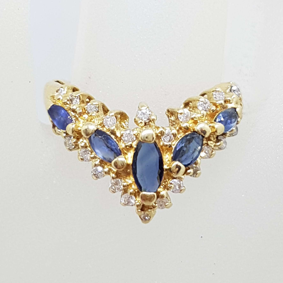 14ct Yellow Gold Natural Sapphire & Diamond Large Ornate Curved/Wishbone Ring - Antique / Vintage