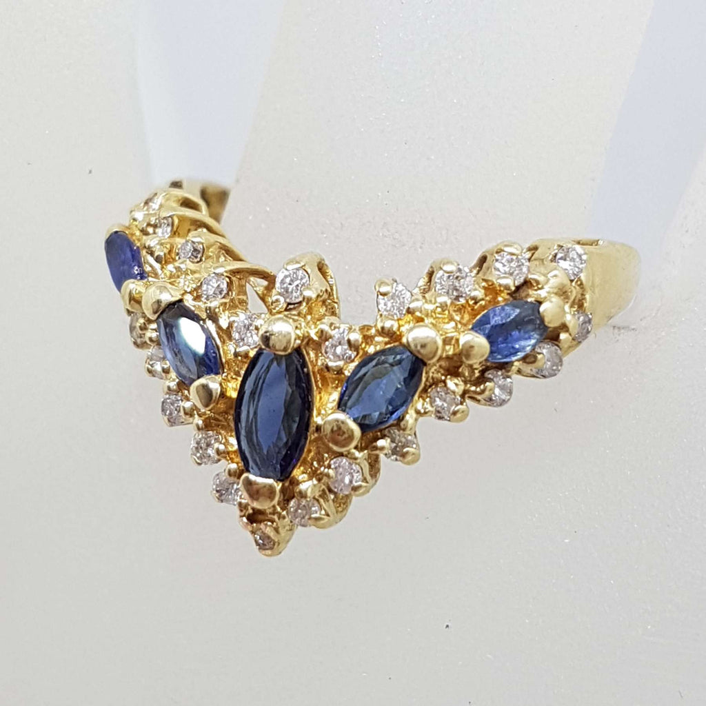14ct Yellow Gold Natural Sapphire & Diamond Large Ornate Curved/Wishbone Ring - Antique / Vintage