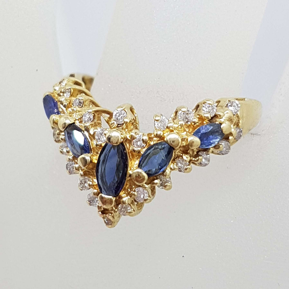 14ct Yellow Gold Natural Sapphire & Diamond Large Ornate Curved/Wishbone Ring - Antique / Vintage