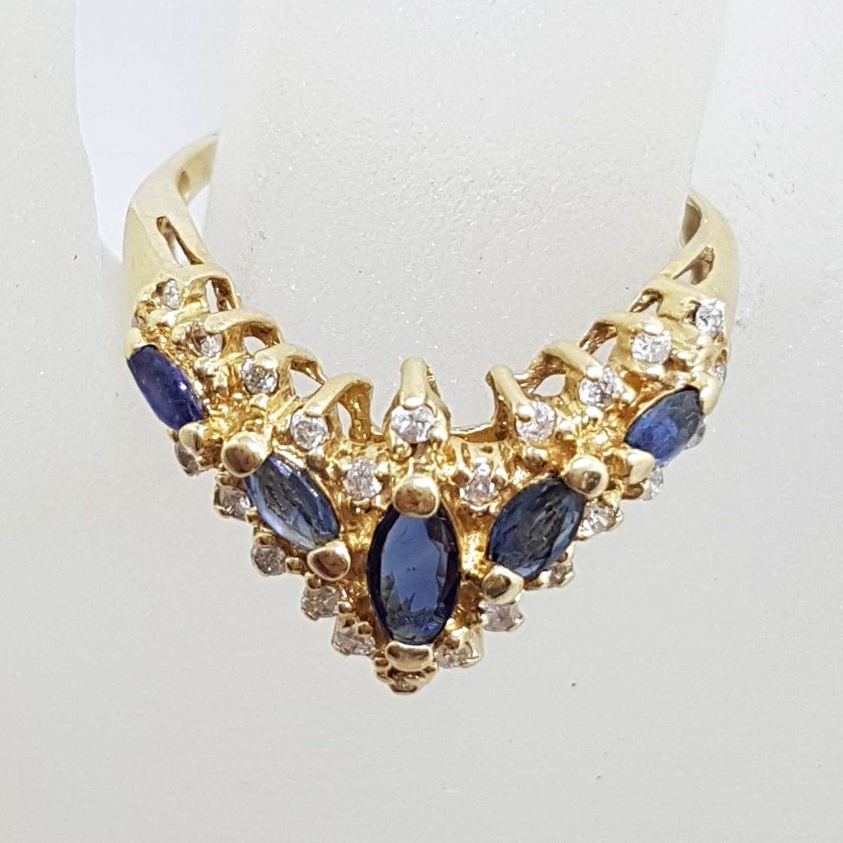 14ct Yellow Gold Natural Sapphire & Diamond Large Ornate Curved/Wishbone Ring - Antique / Vintage