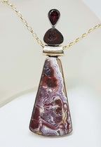 Sterling Silver Very Long Red Crazy Lace Agate, Garnet and Druzy Pendant on Silver Chain