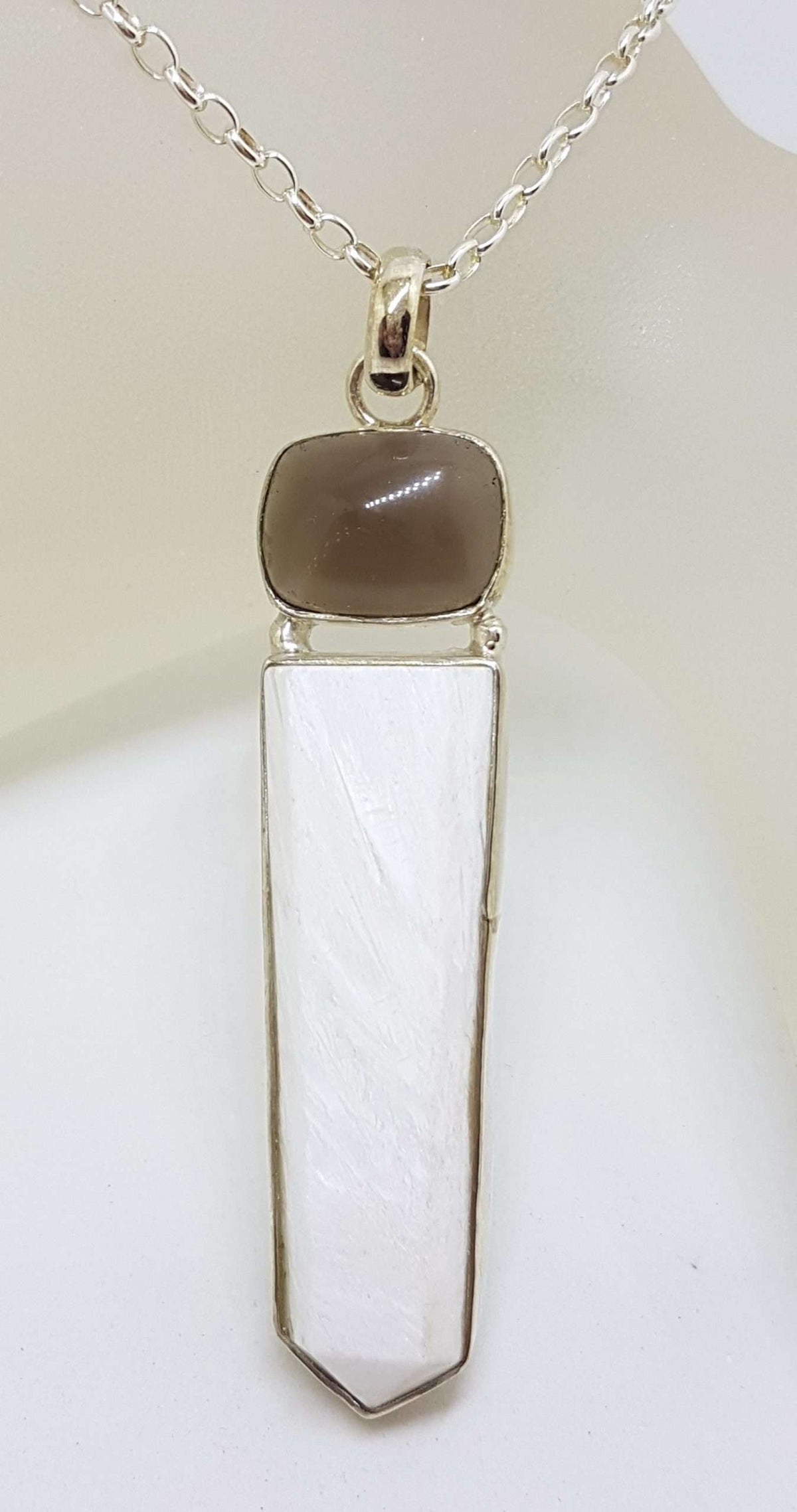Sterling Silver Long White Scolecite with Cabochon Cut Smokey Quartz Pendant on Silver Chain