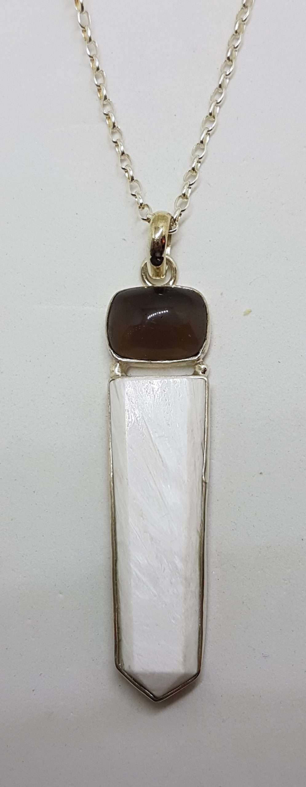 Sterling Silver Long White Scolecite with Cabochon Cut Smokey Quartz Pendant on Silver Chain